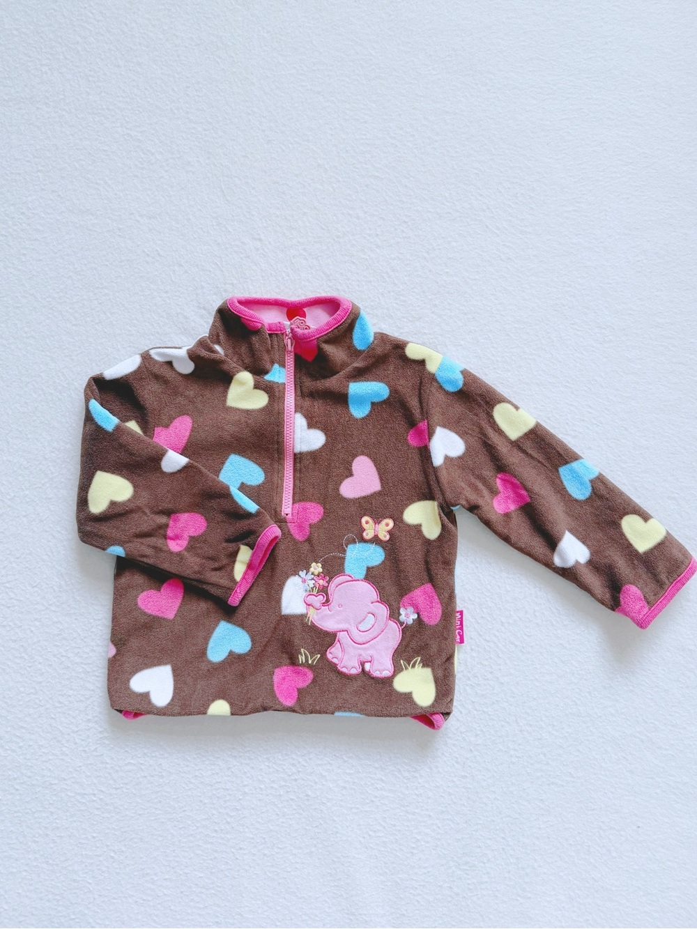 Mini Car Toddler Girl Fleece Pullover Jacket Elephant Hearts Brown Pink 2T 90